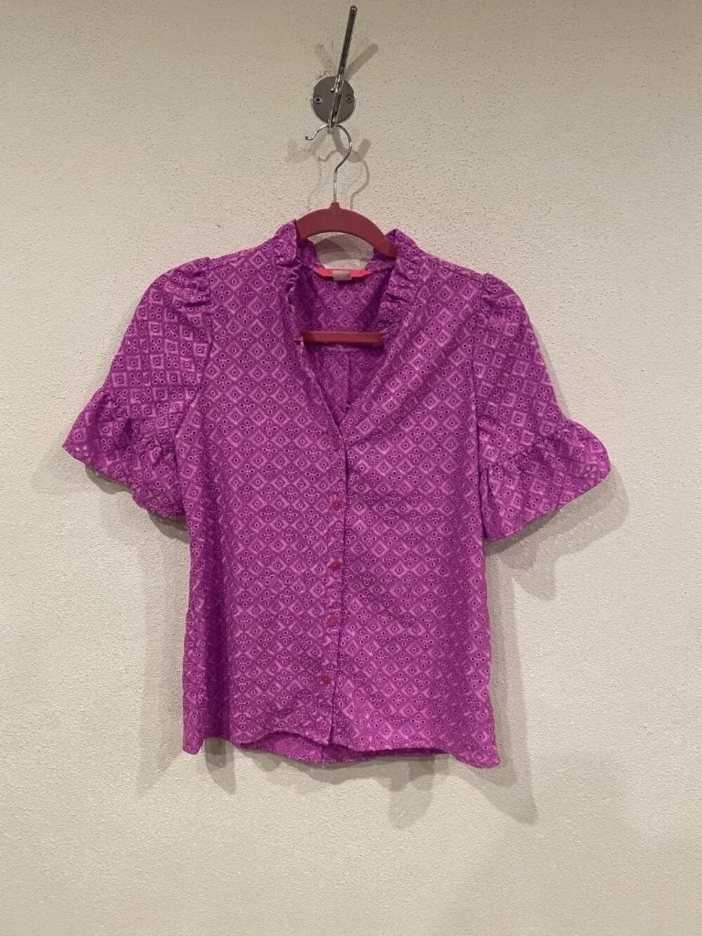 Lilly Pulitzer Calynn Blouse Womens 0 Pink Eyelet Lace Ruffle Button Top